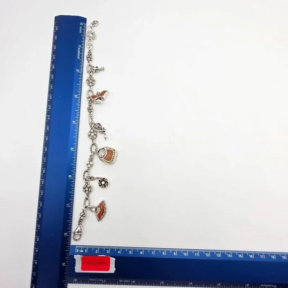 BRIGHTON Victoriana Charm Bracelet Floral Heels Purse Fan Resin Sliver Plate 8" - Picture 7 of 7